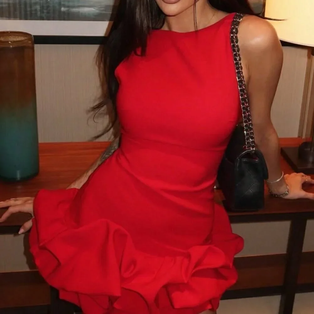 Red Women's Sexy Pleated Mini Dress